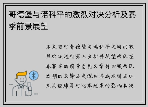 哥德堡与诺科平的激烈对决分析及赛季前景展望