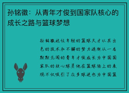 孙铭徽：从青年才俊到国家队核心的成长之路与篮球梦想